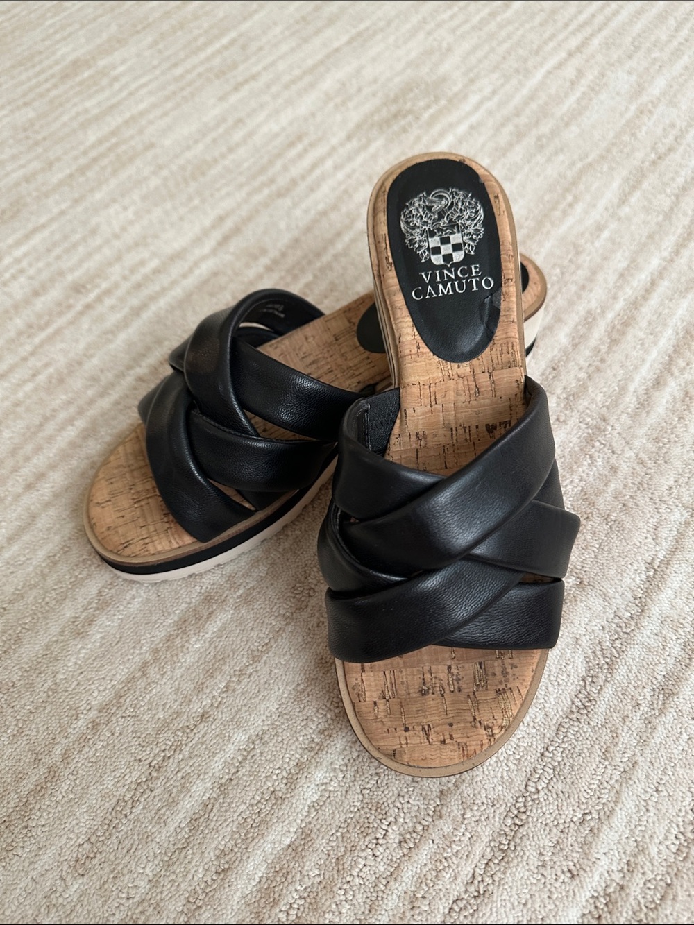 Vince Camuto Vivistie Slide Sandal Black Puffy Leather Cork Wedge Size 8